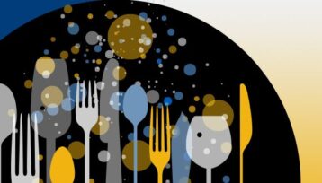 Grafisk illustration av bestick och glas mot en mörk bakgrund