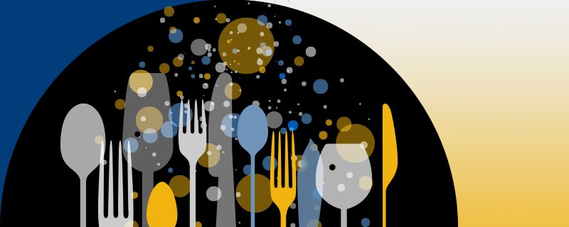 Grafisk illustration av bestick och glas mot en mörk bakgrund