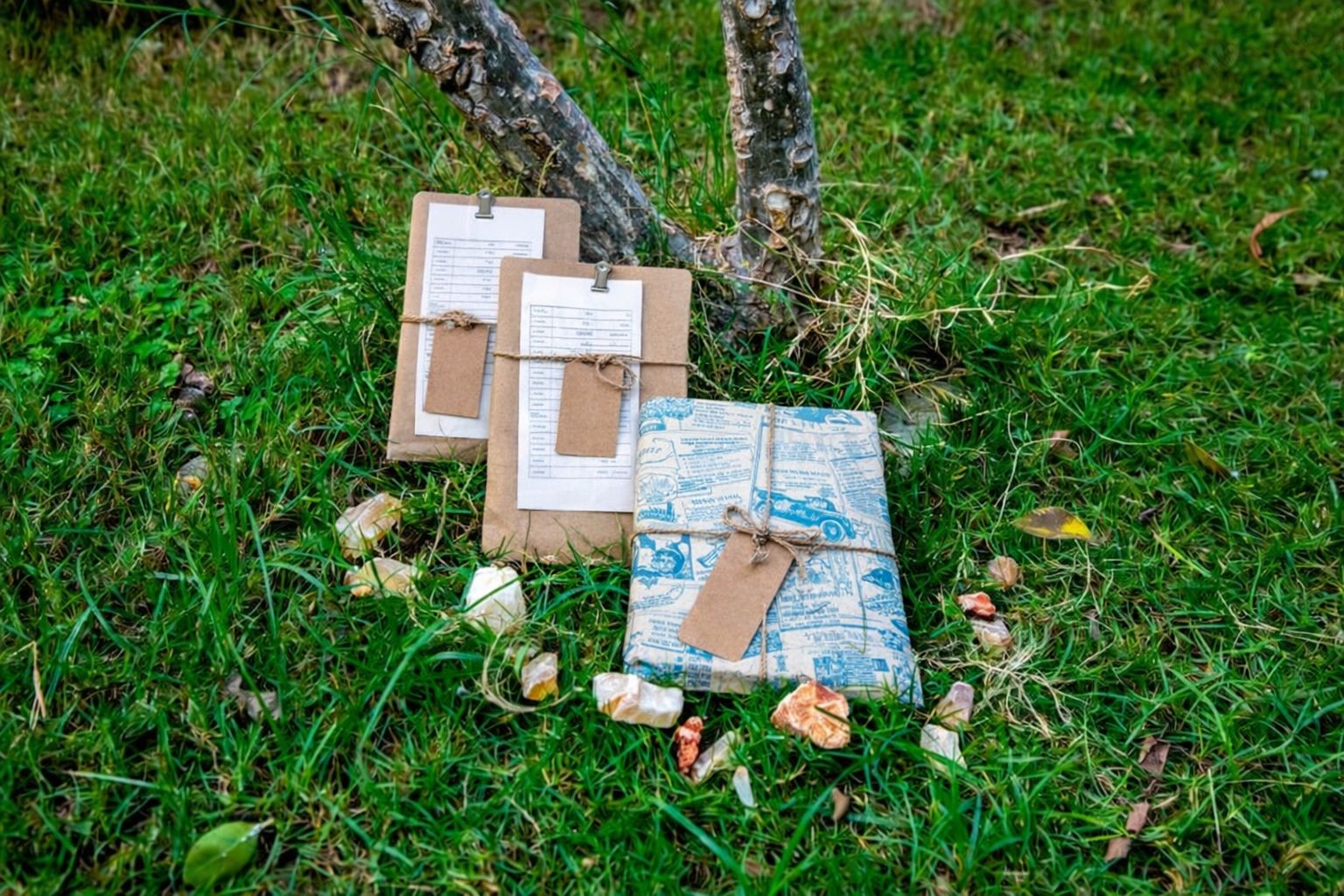 Tre paket på gräset: två med kvitton och ett inslaget i blått papper.